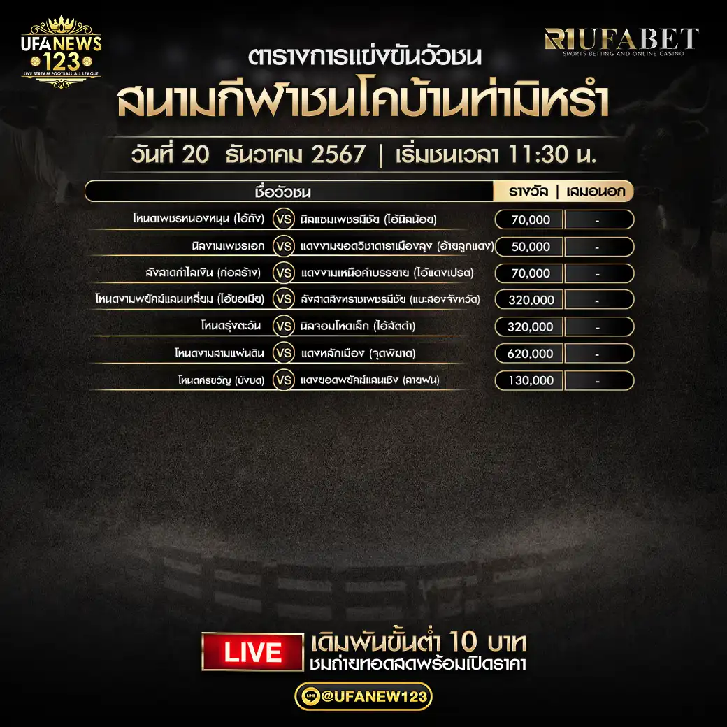 โปรแกรมวัวชน สนามกีฬาชนโคบ้านท่ามิหรำ เริ่มชนเวลา 11:30 น. 20 ธันวาคม 2567