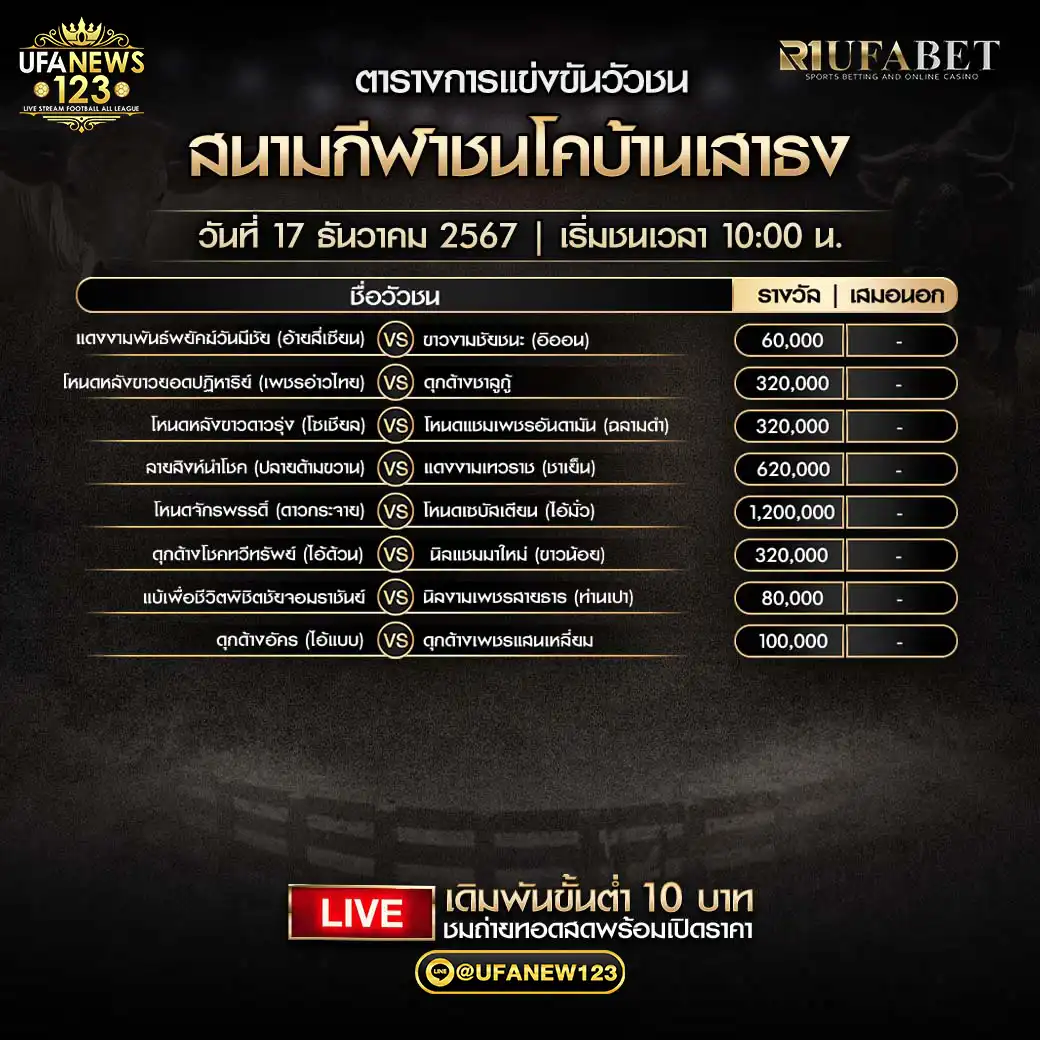 โปรแกรมวัวชน สนามกีฬาชนโคบ้านเสาธง เริ่มชนเวลา 10:00 น. 17 ธันวาคม 2567