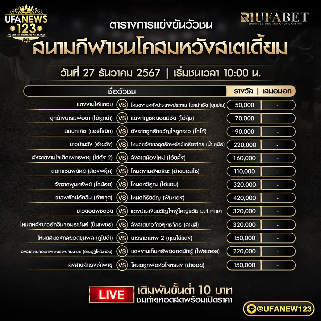 โปรแกรมวัวชน สนามชนโคสมหวัง เริ่มชนเวลา 10.00 น. 27 ธันวาคม 2567