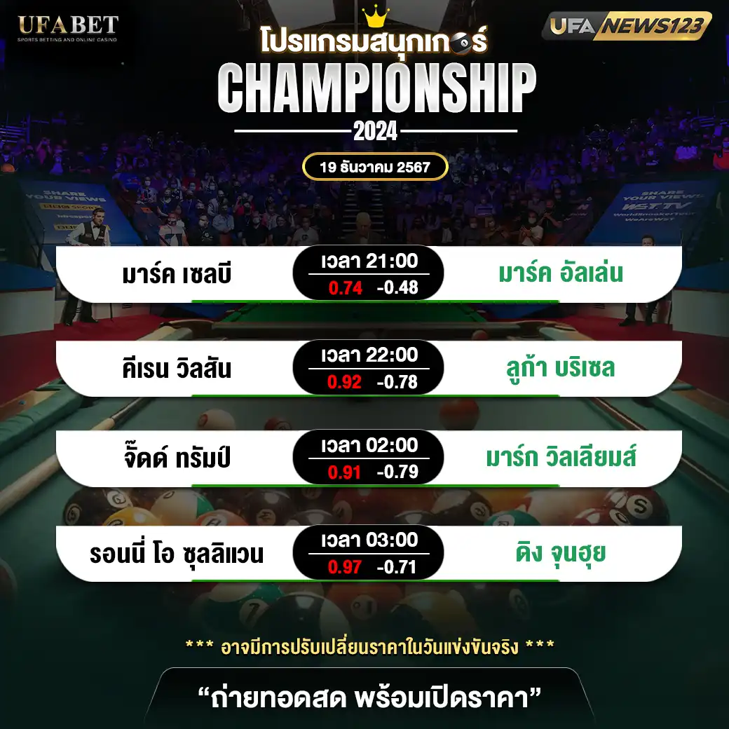 โปรแกรมสนุกเกอร์ CHAMPIONSHIP 2024 เริ่มเวลา 21:00 น. 19 ธันวาคม 2567