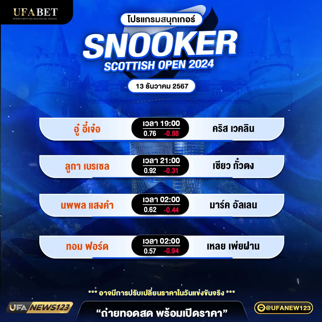 โปรแกรมสนุกเกอร์ SNOOKER SCOTTISH OPEN 2024 เริ่มเวลา 19:00 น. 13 ธันวาคม 2567