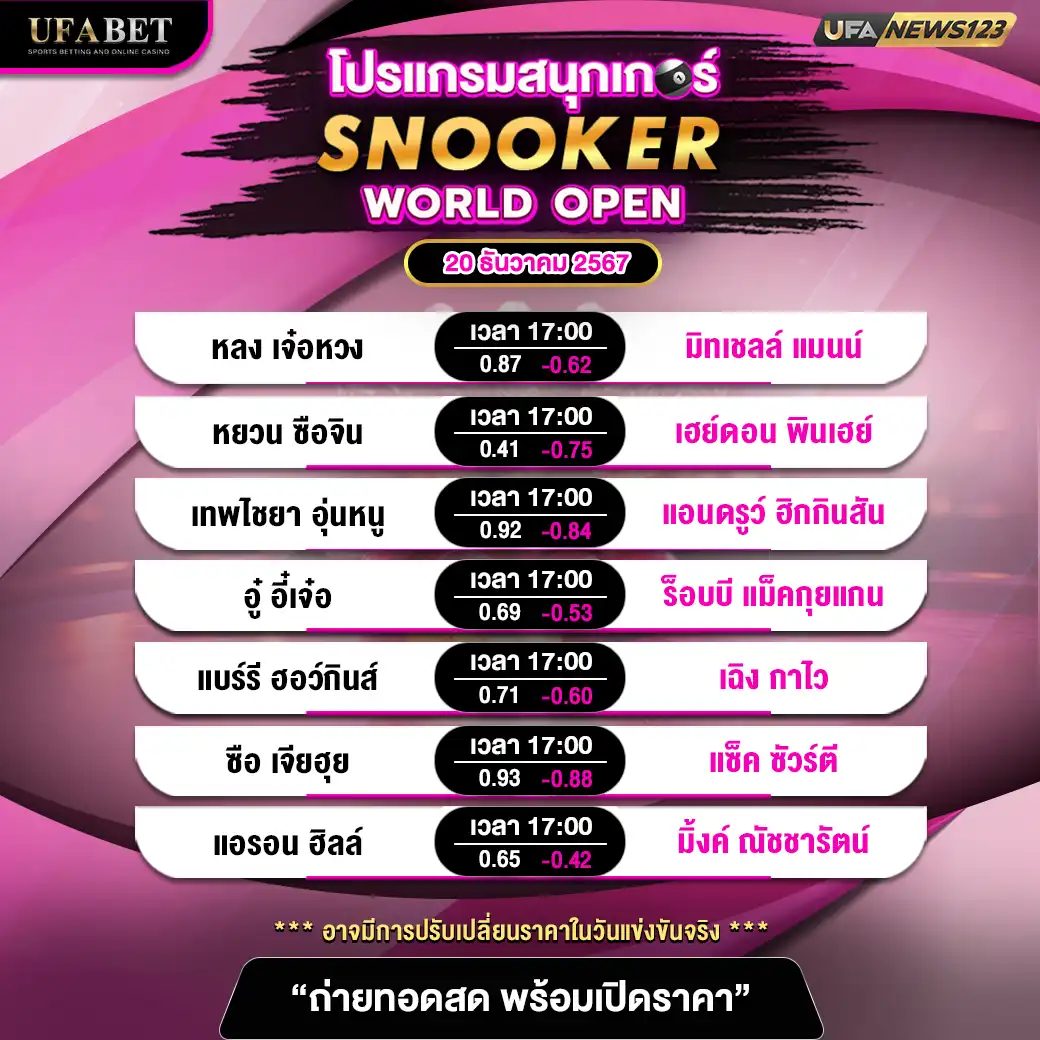 โปรแกรมสนุกเกอร์ SNOOKER WORLD OPEN เริ่มเวลา 17:00 น. 20 ธันวาคม 2567