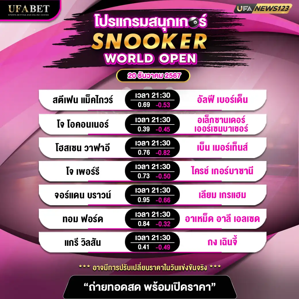 โปรแกรมสนุกเกอร์ SNOOKER WORLD OPEN ช่วงที่ 2 เริ่มเวลา 21:30 น. 20 ธันวาคม 2567