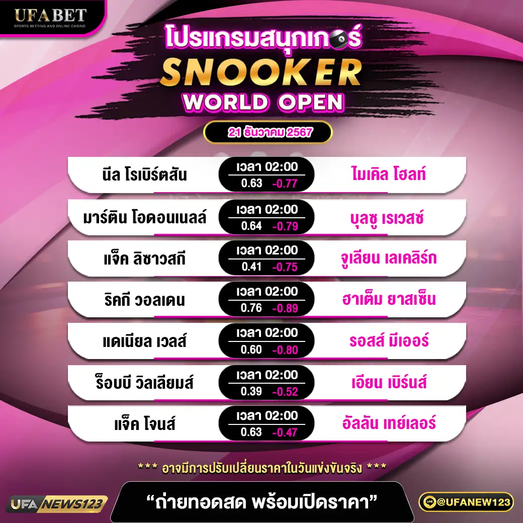 โปรแกรมสนุกเกอร์ SNOOKER WORLD OPEN เวลา 02.00 น. 21 ธันวาคม 2567