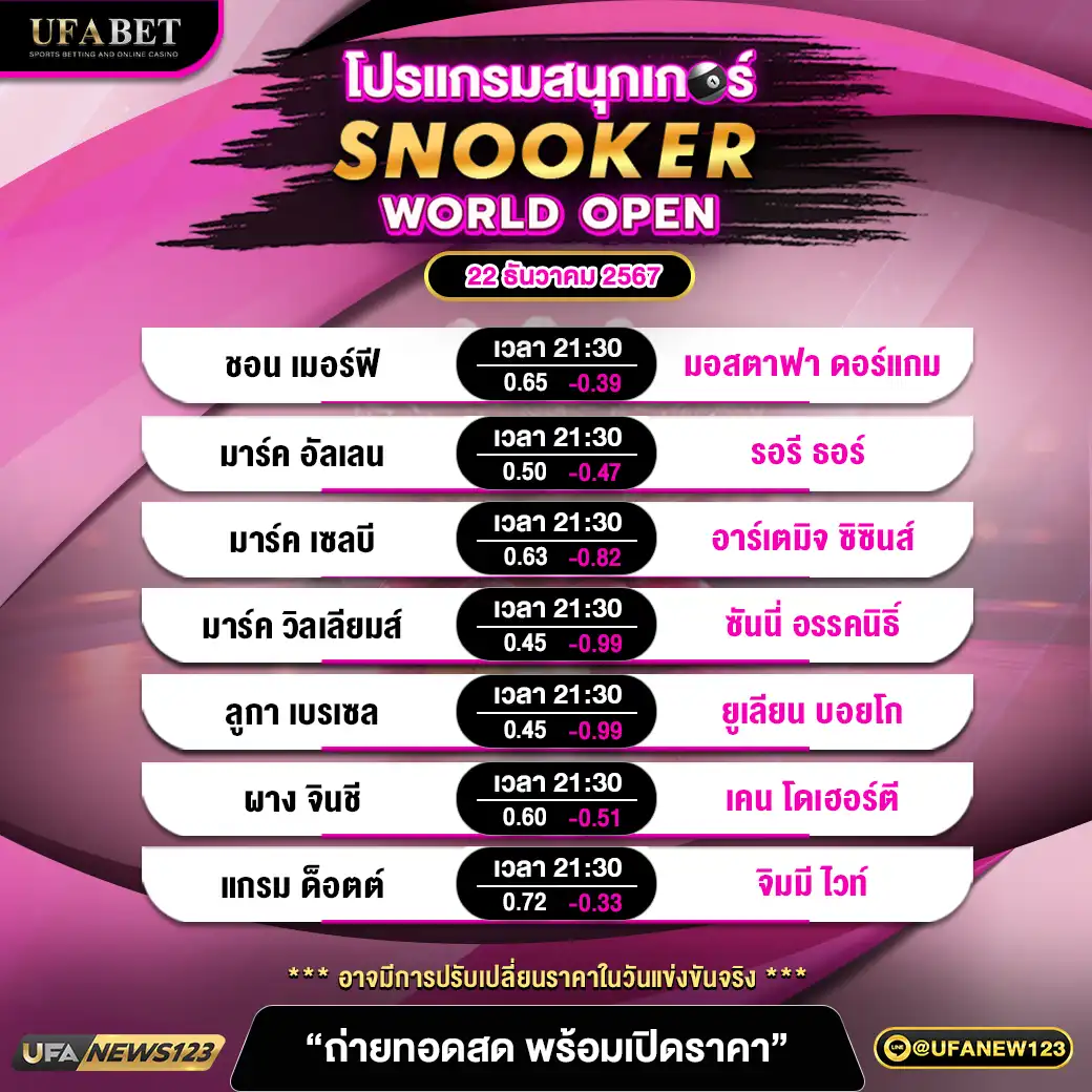 โปรแกรมสนุกเกอร์ SNOOKER WORLD OPEN เวลา 21.30 น. 22 ธันวาคม 2567