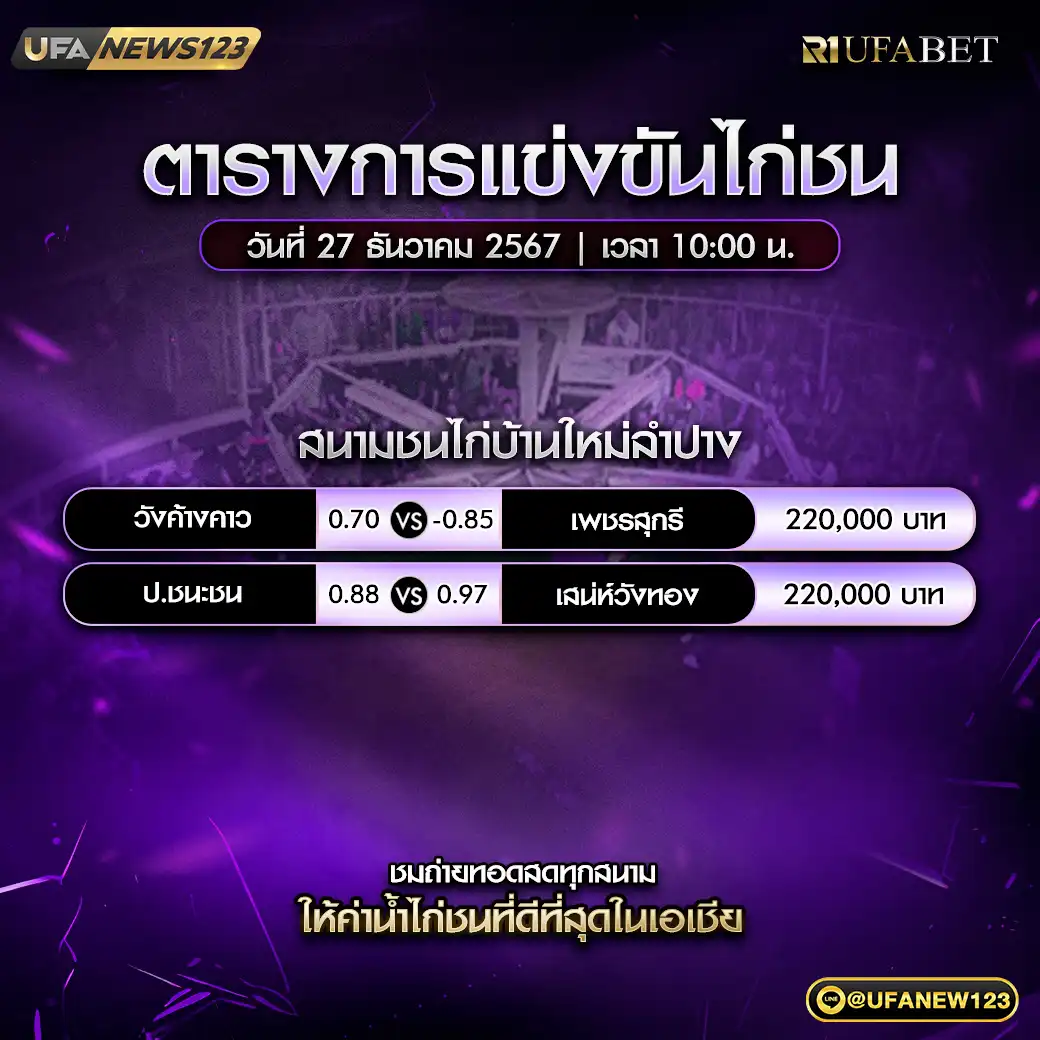 โปรแกรมไก่ชน สนามชนไก่บ้านใหม่ลำปาง เริ่มเวลา 10:00 น. 27 ธันวาคม 2567