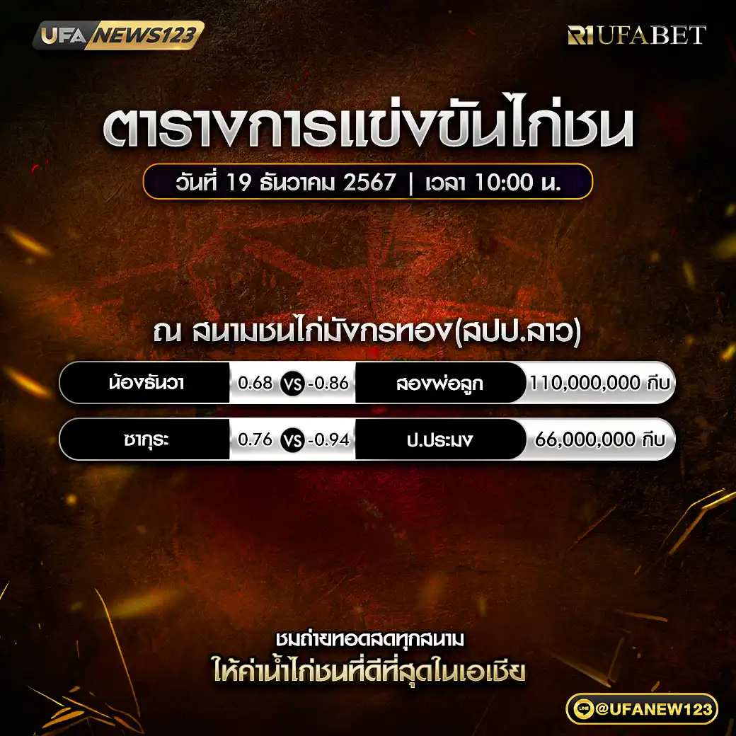 โปรแกรมไก่ชน สนามชนไก่มังกรทอง เริ่มเวลา 10:00 น. 19 ธันวาคม 2567