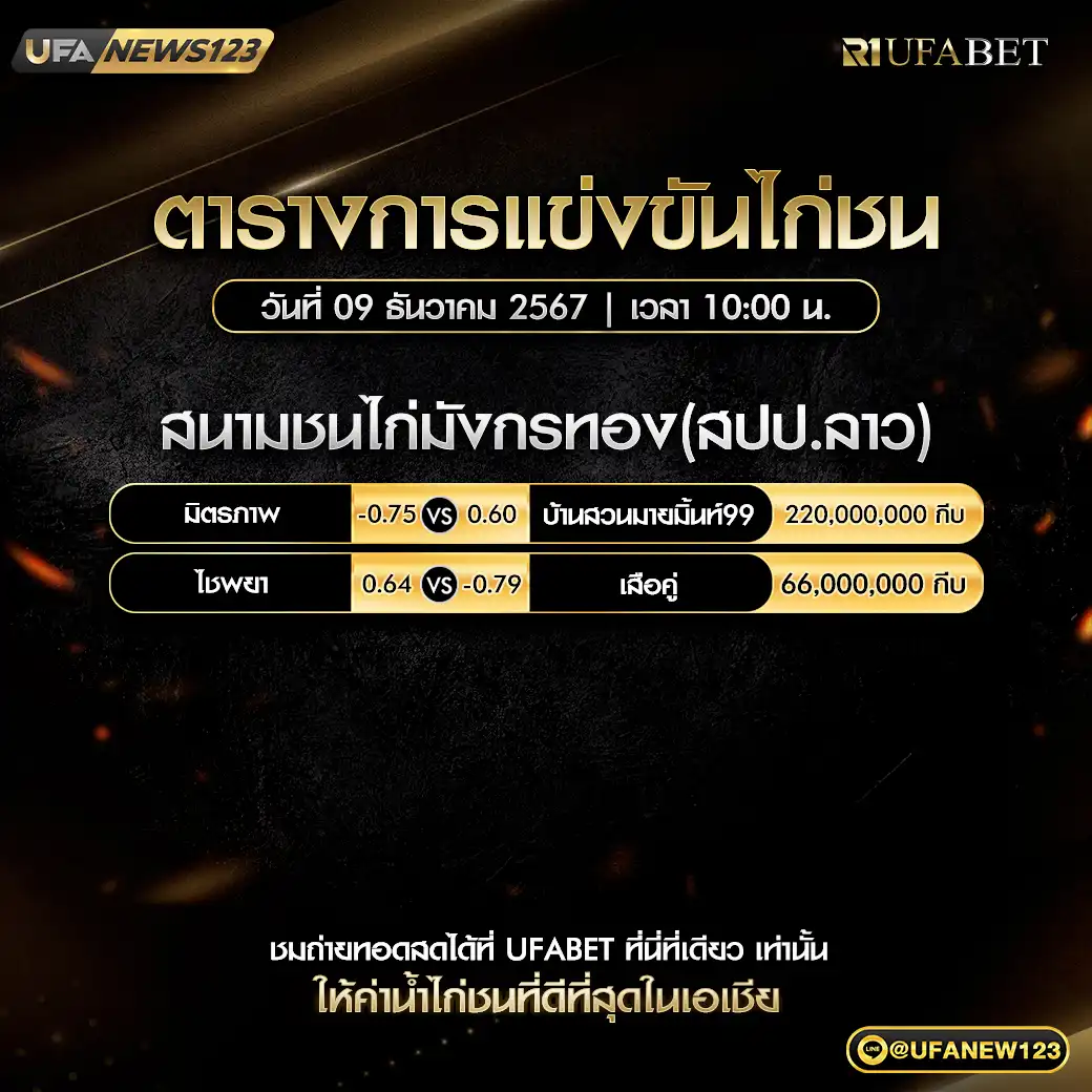 โปรแกรมไก่ชน สนามชนไก่มังกรทอง (สปป.ลาว) เริ่มเวลา 10:00 น. 09 ธันวาคม 2567