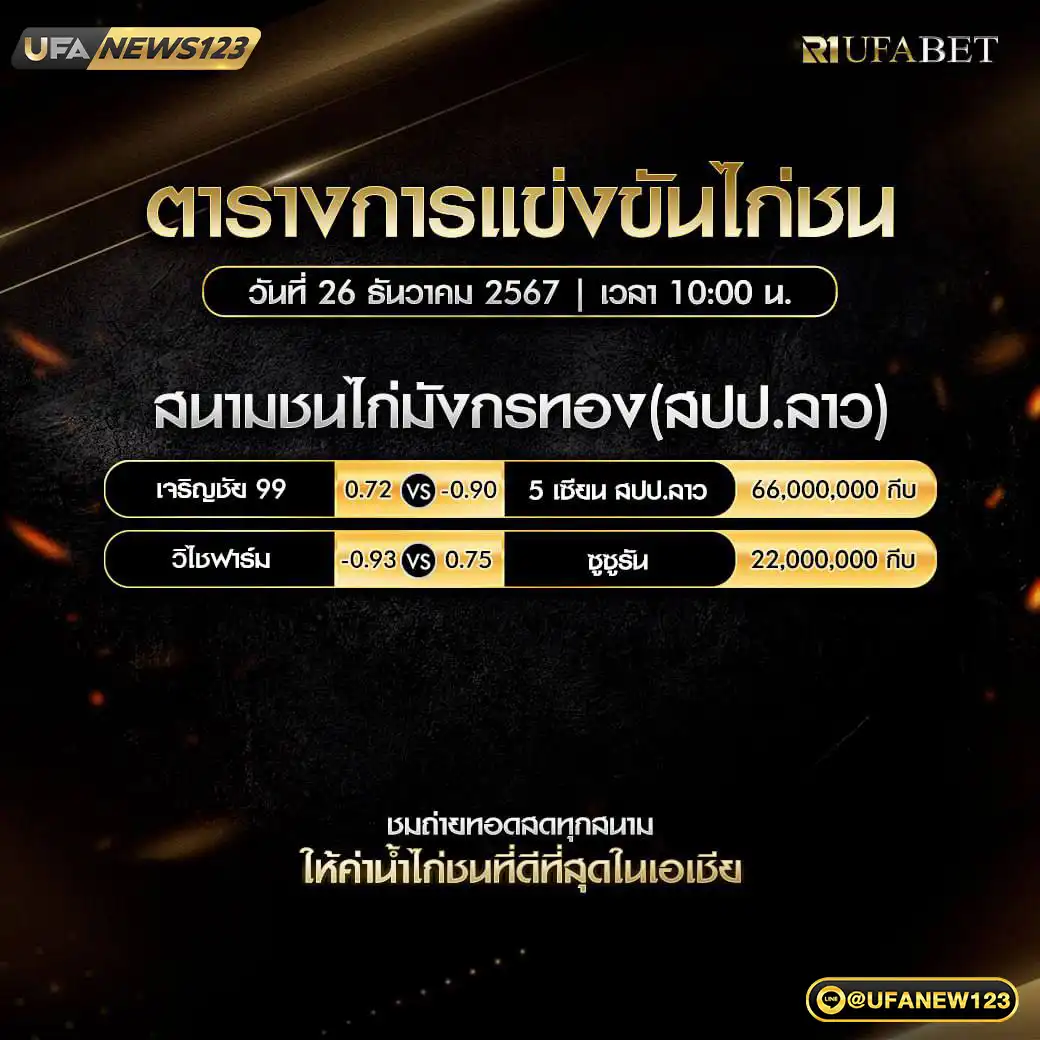 โปรแกรมไก่ชน สนามชนไก่มังกรทอง (สปป.ลาว) เริ่มเวลา 10.00 น. 26 ธันวาคม 2567