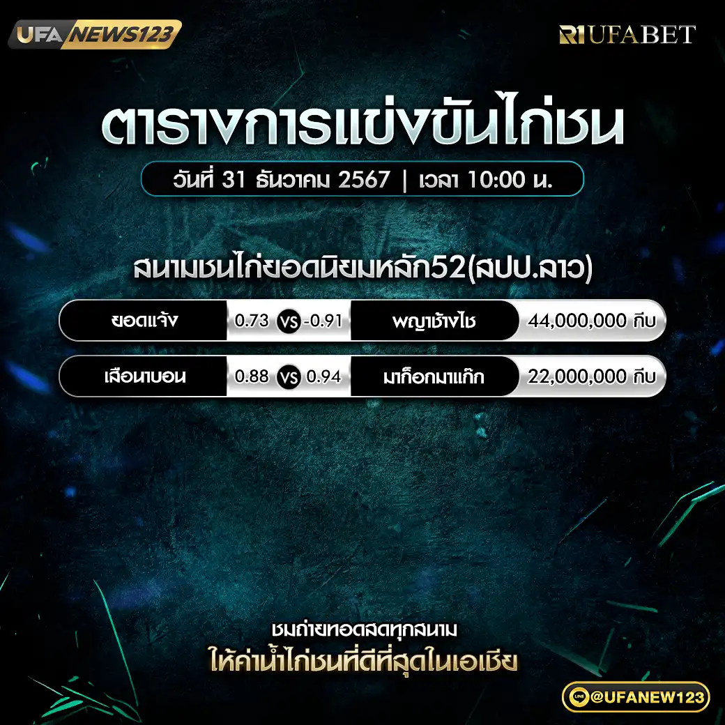 โปรแกรมไก่ชน สนามชนไก่ยอดนิยมหลัก52(สปป.ลาว) เริ่มเวลา 10:00 น. 31 ธันวาคม 2567