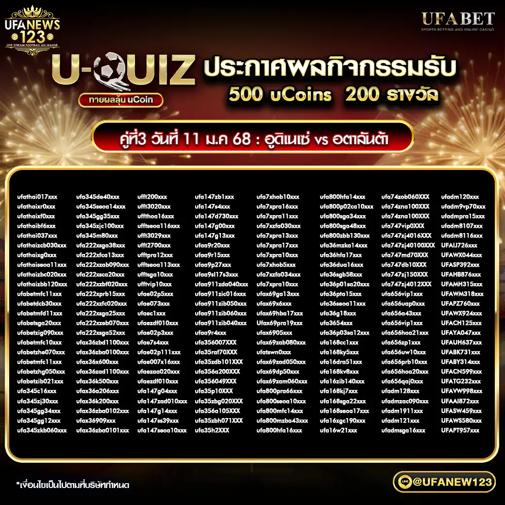 ประกาศกิจกรรม U-QUIZ ทายผลลุ้น uCoin 11 มกราคม 2568