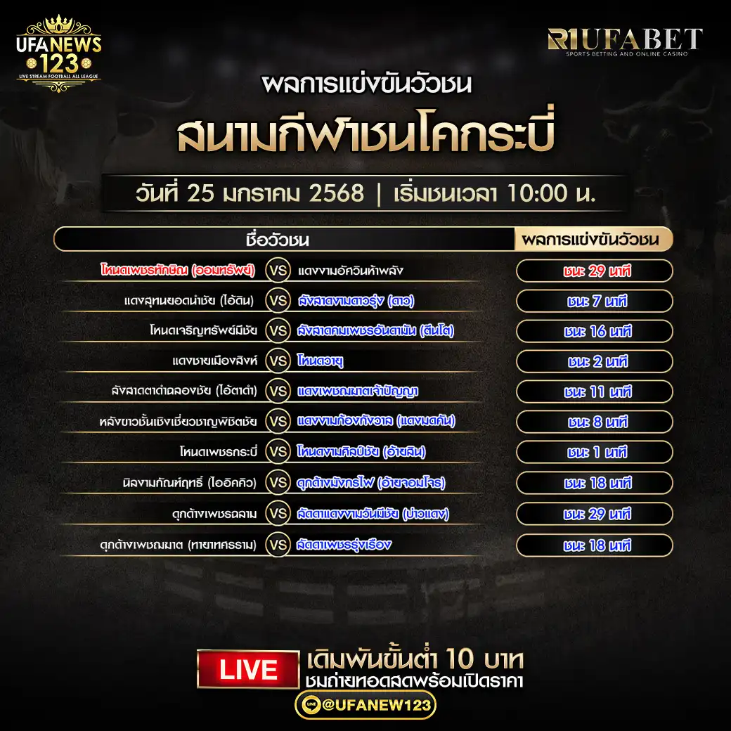 สรุปผลวัวชน สนามกีฬาชนโคกระบี่ 25 มกราคม 2568