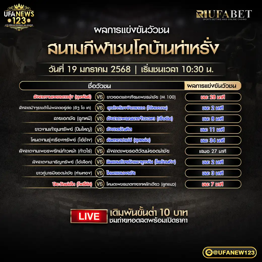 สรุปผลวัวชน สนามชนโคบ้านท่าหรั่ง 19 มกราคม 2568