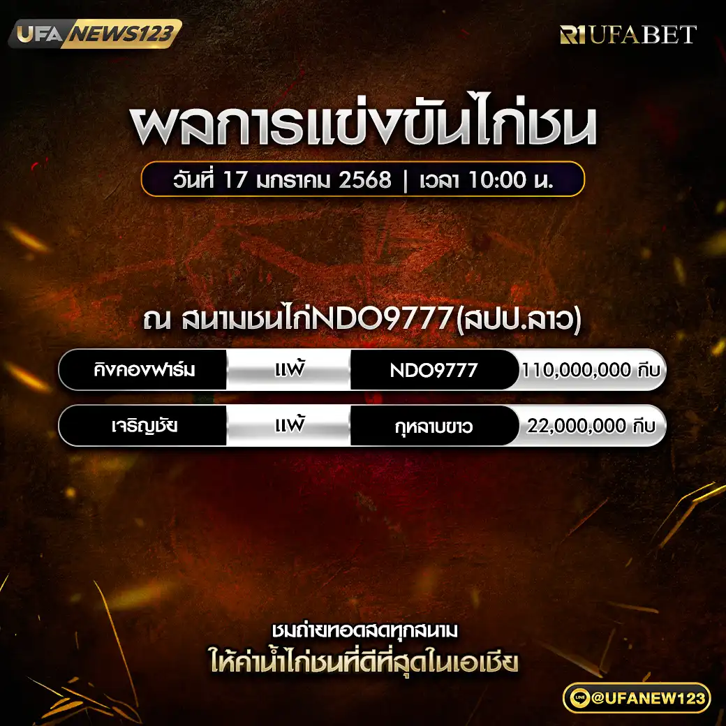 สรุปผลไก่ชน สนามชนไก่NDO9777 17 มกราคม 2568