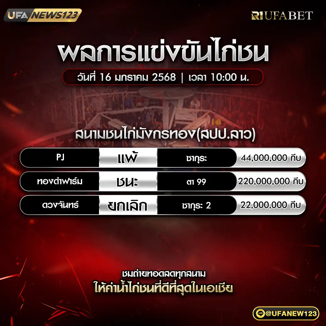 สรุปผลไก่ชน สนามชนไก่มังกรทอง(สปป.ลาว) 16 มกราคม 2568