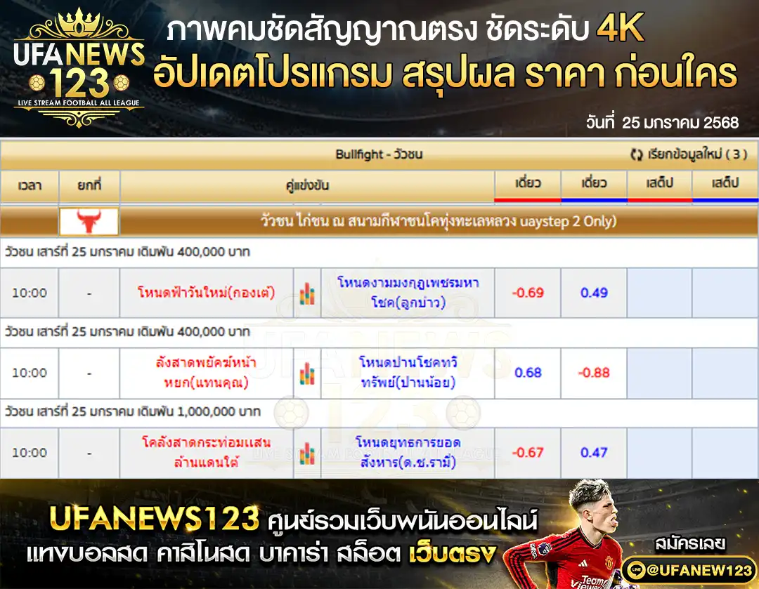 ราคาวัวชน สนามกีฬาชนโคทุ่งทะเลหลวง เวลา 10:30 น. 25 มกราคม 2568