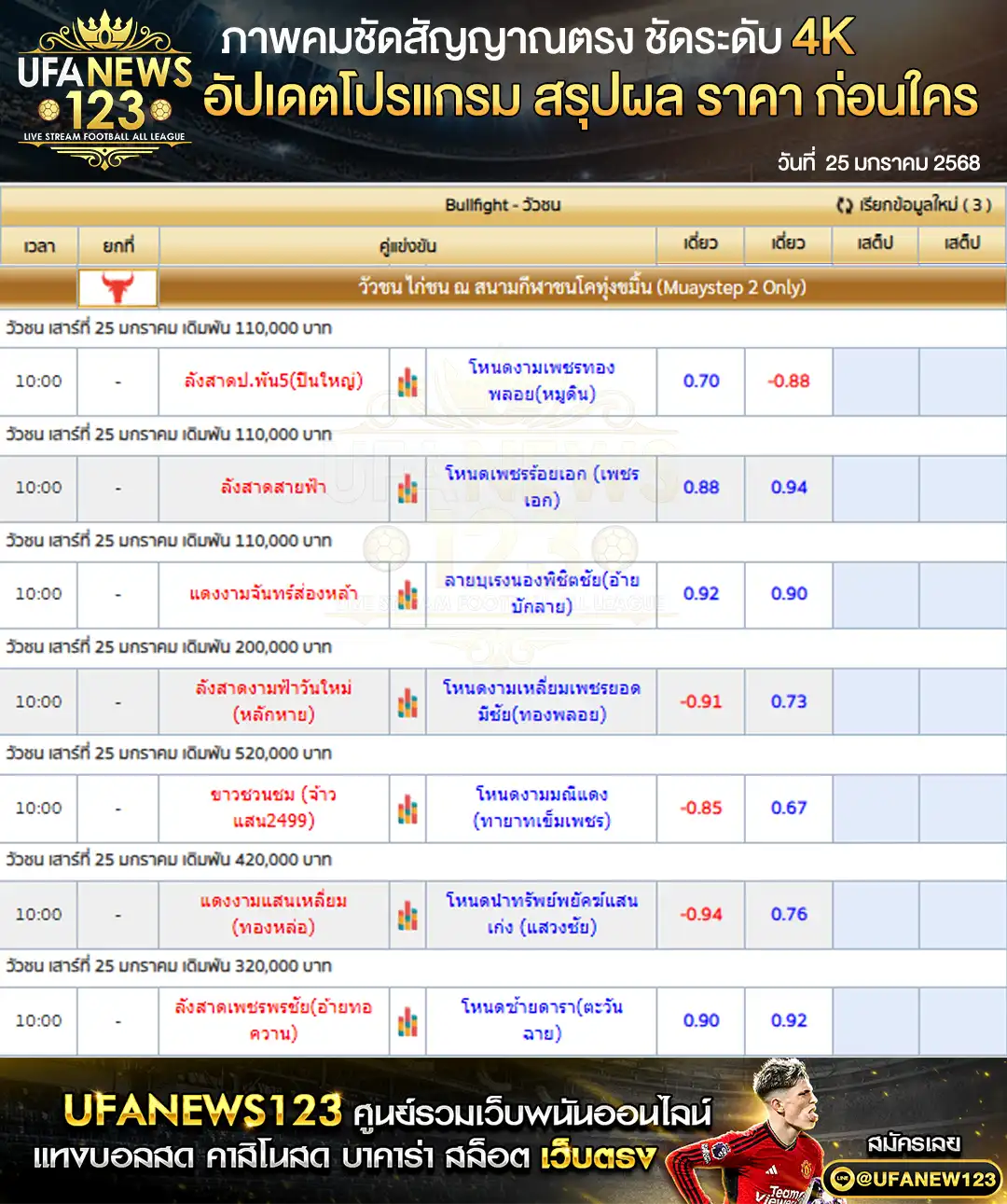 ราคาวัวชน สนามกีฬาชนโคบ้านทุ่งขมิ้น เวลา 11:00 น. 25 มกราคม 2568