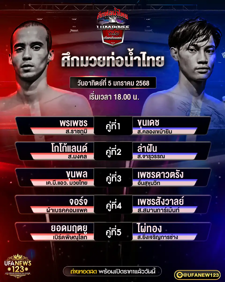 โปรแกรมมวย ศึกมวยท่อน้ำไทย เริ่มเวลา 18:00 น. 05 มกราคม 2568