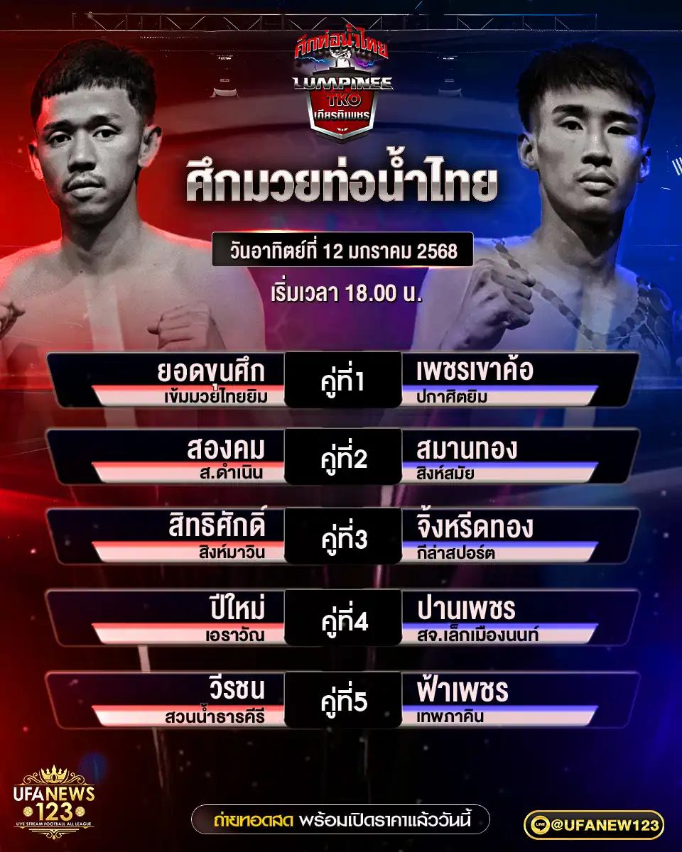 โปรแกรมมวย ศึกมวยท่อน้ำไทย เริ่มเวลา 18.00 น. 12 มกราคม 2568