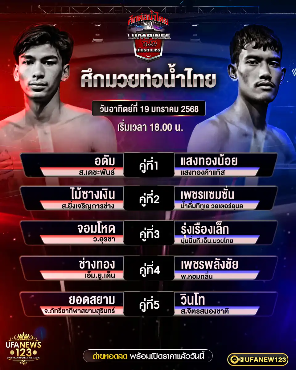 โปรแกรมมวย ศึกมวยท่อน้ำไทย เริ่มเวลา 18.00 น. 19 มกราคม 2568