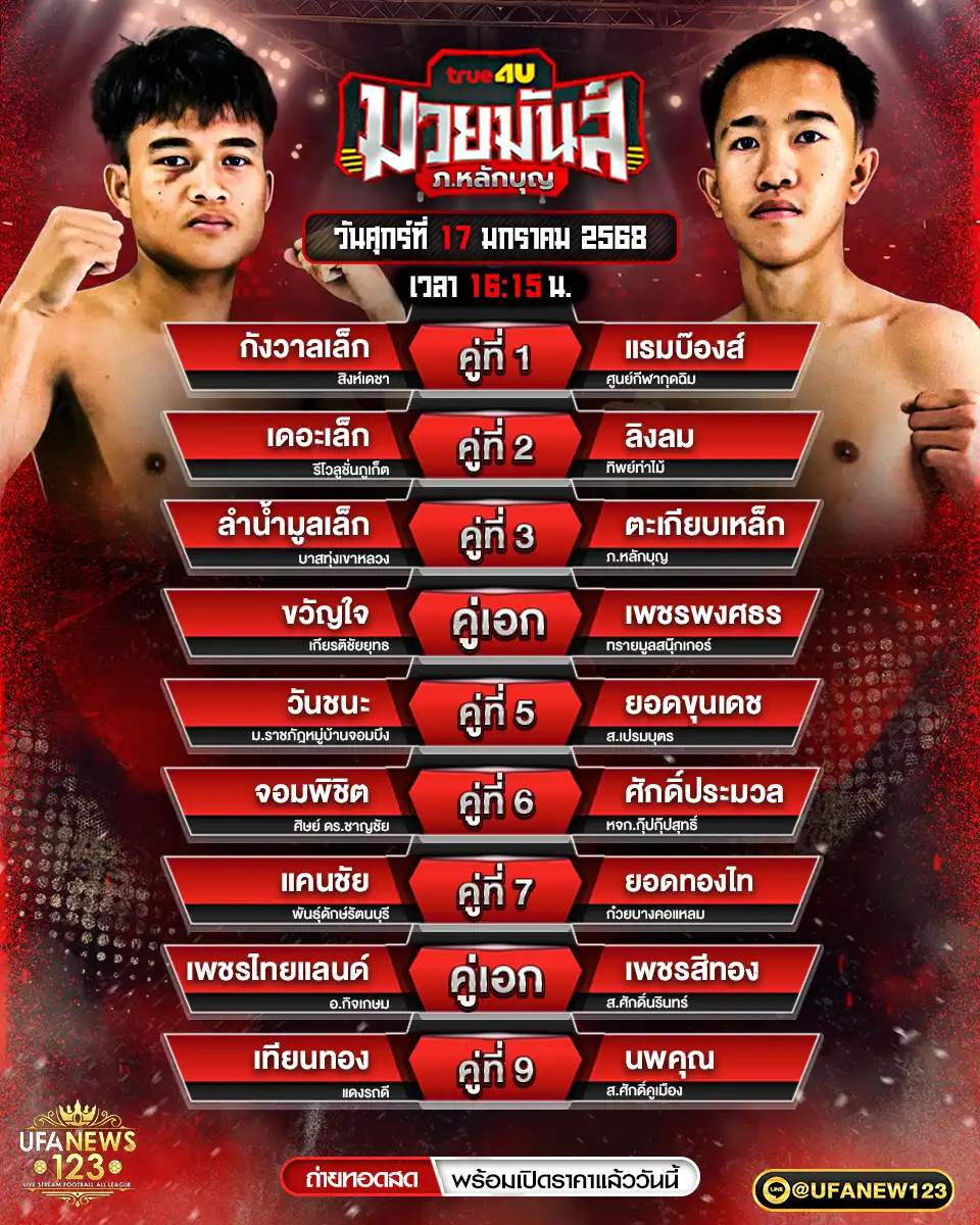 โปรแกรมมวย ศึกมวยมันส์ ภ.หลักบุญ เริ่มเวลา 16.15 น. 17 มกราคม 2568