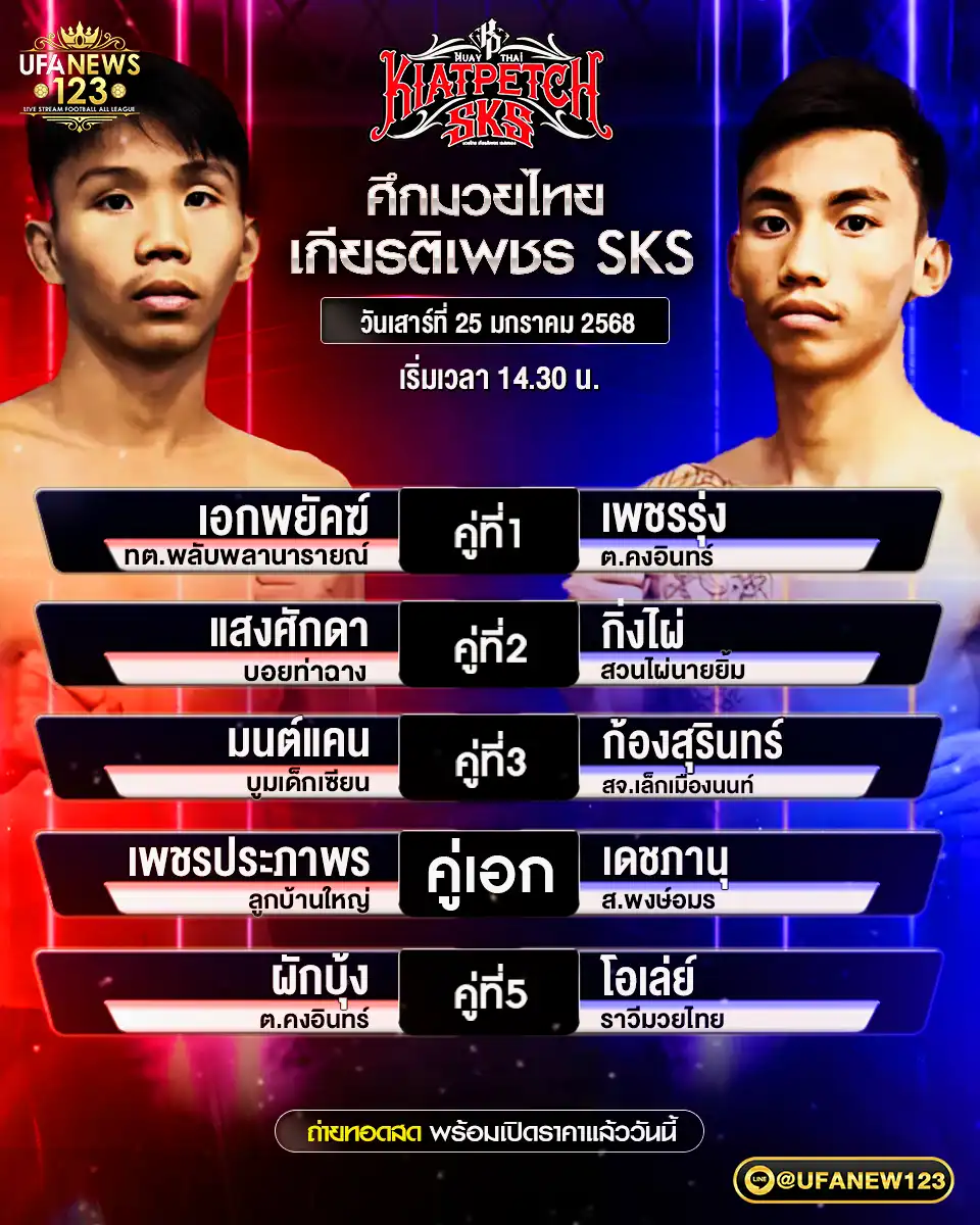 โปรแกรมมวย ศึกมวยไทยเกียรติเพชร SKS เริ่มเวลา 14:30 น. 25 มกราคม 2568