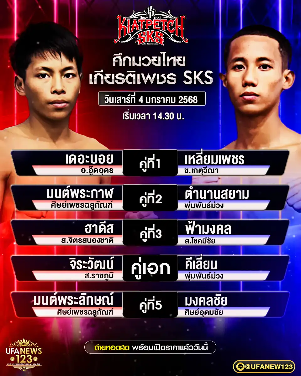 โปรแกรมมวย ศึกมวยไทยเกียรติเพชร SKS เริ่มเวลา 14:30 น. 04 มกราคม 2568