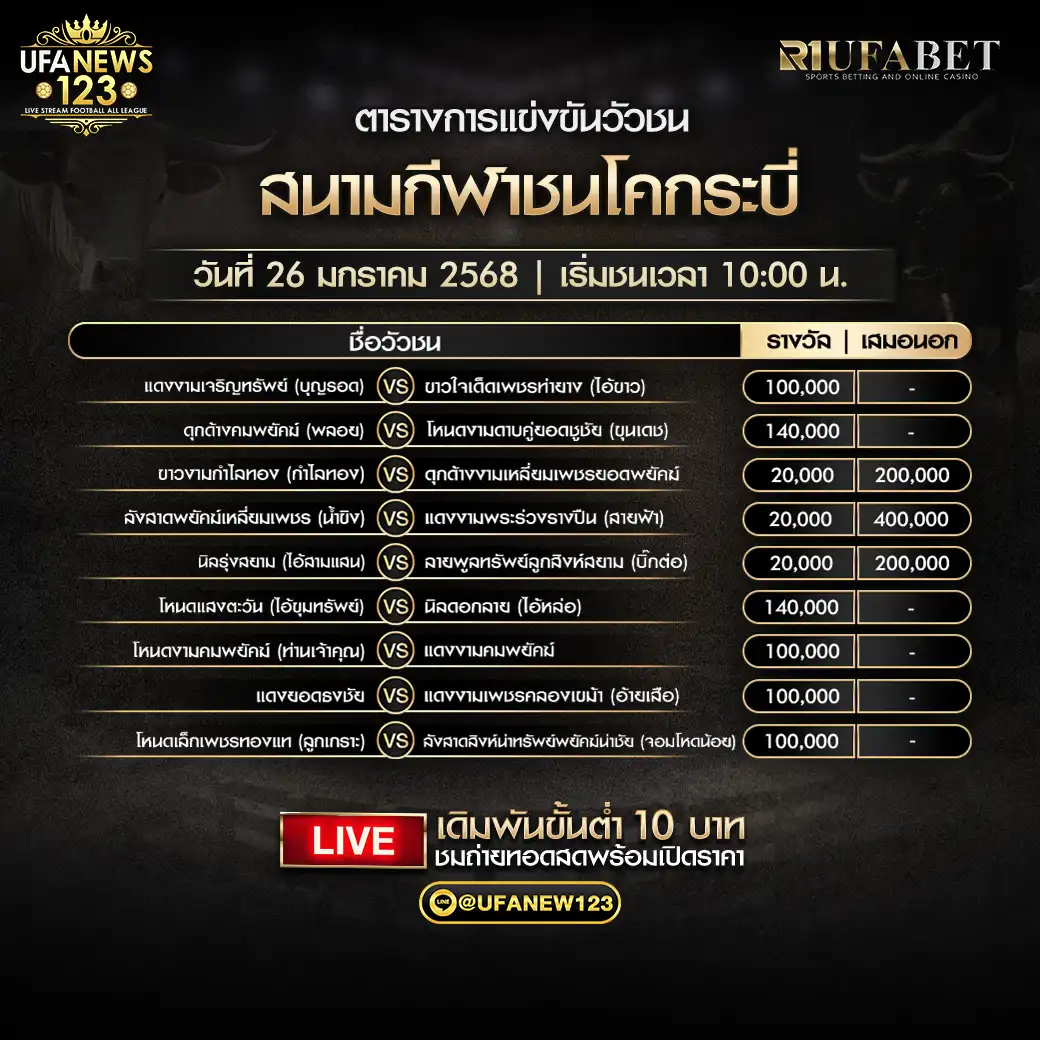 โปรแกรมวัวชน สนามกีฬาชนโคกระบี เริ่มชนเวลา 10:00 น. 26 มกราคม 2568