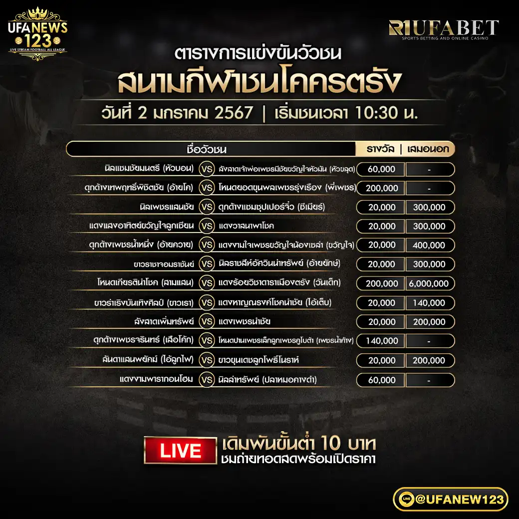 โปรแกรมวัวชน สนามชนโคนครตรัง เริ่มชนเวลา 10:30 น. 02 มกราคม 2568