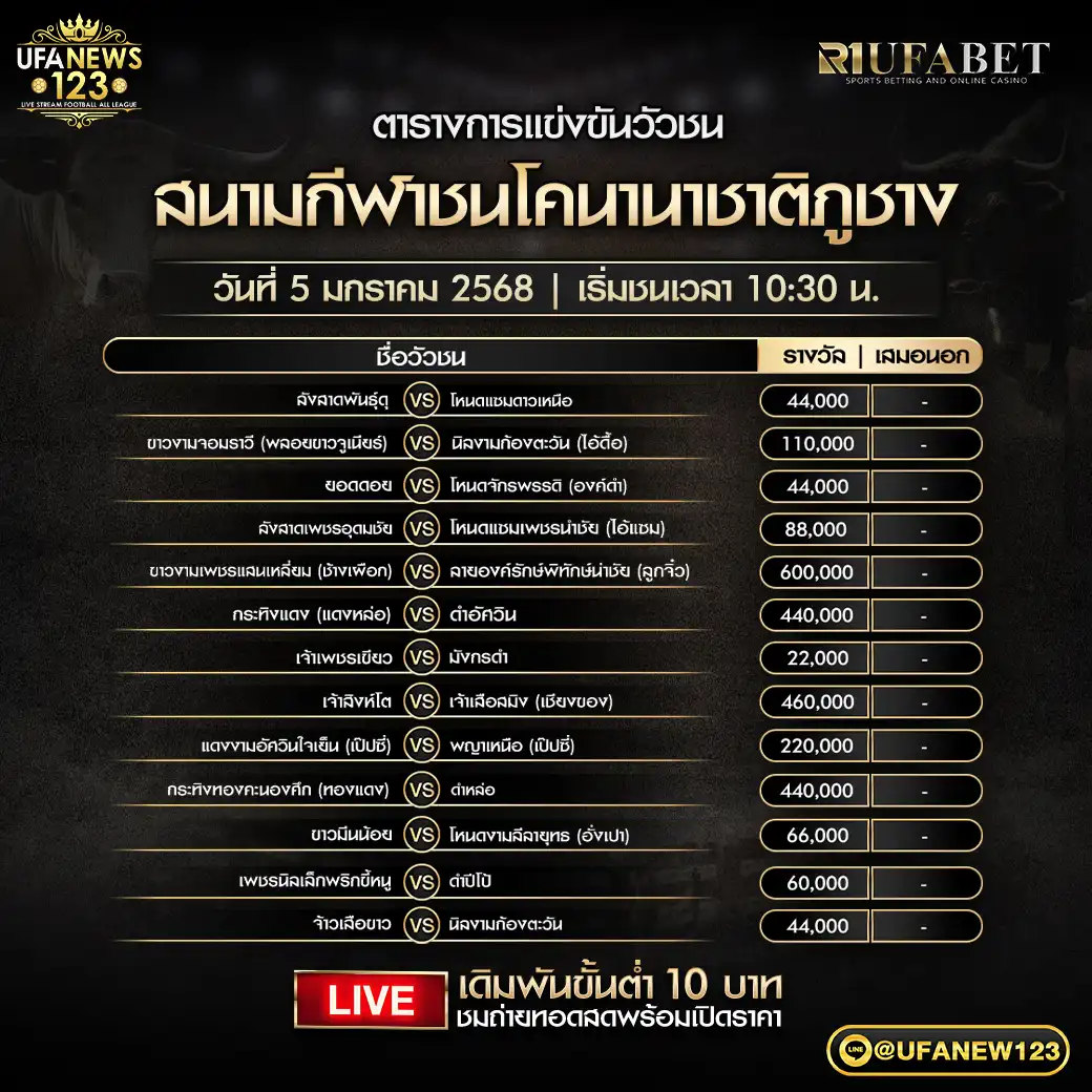 โปรแกรมวัวชน สนามชนโคนานาชาติภูซาง เริ่มชนเวลา 10.30 น. 05 มกราคม 2568