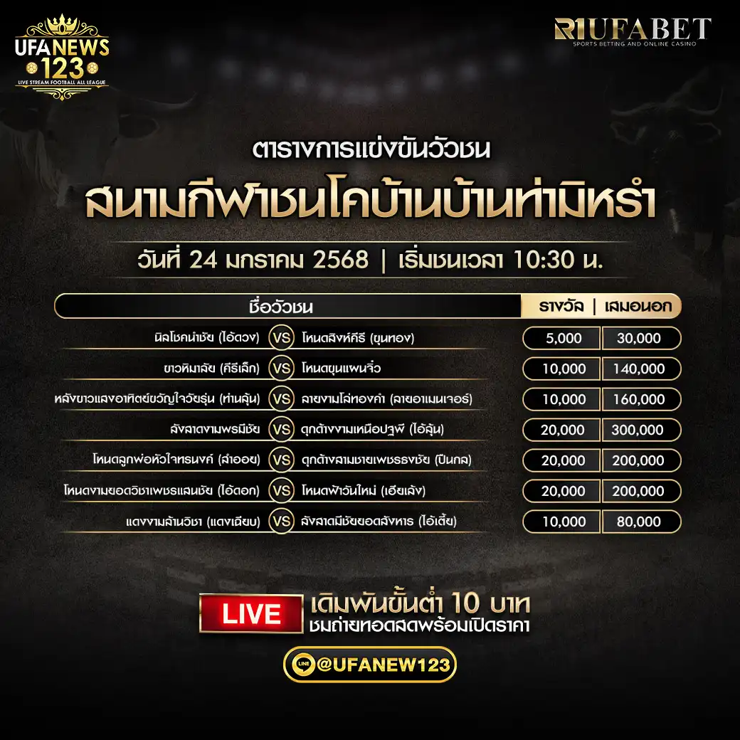 โปรแกรมวัวชน สนามกีฬาชนโคบ้านท่ามิหรำ เริ่มเวลา 10:30 น. 24 มกราคม 2568