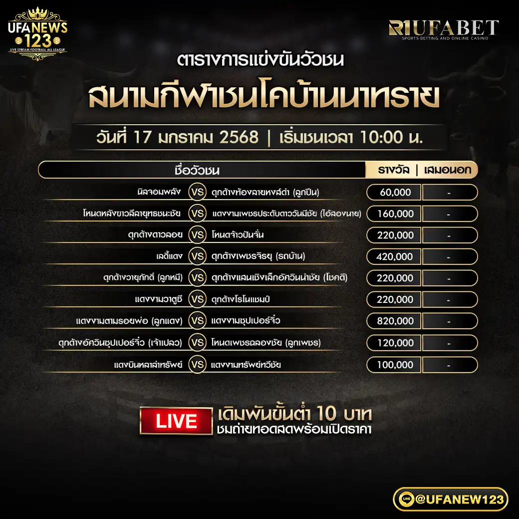 โปรแกรมวัวชน สนามชนโคบ้านนาทราย เริ่มชนเวลา 10.00 น. 17 มกราคม 2568