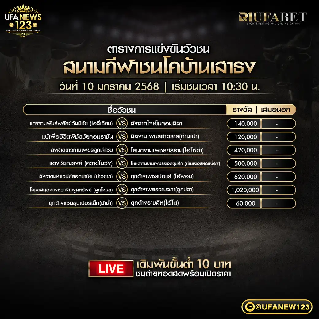 โปรแกรมวัวชน สนามชนโคบ้านเสาธง เริ่มชนเวลา10:30 น. 10 มกราคม 2568