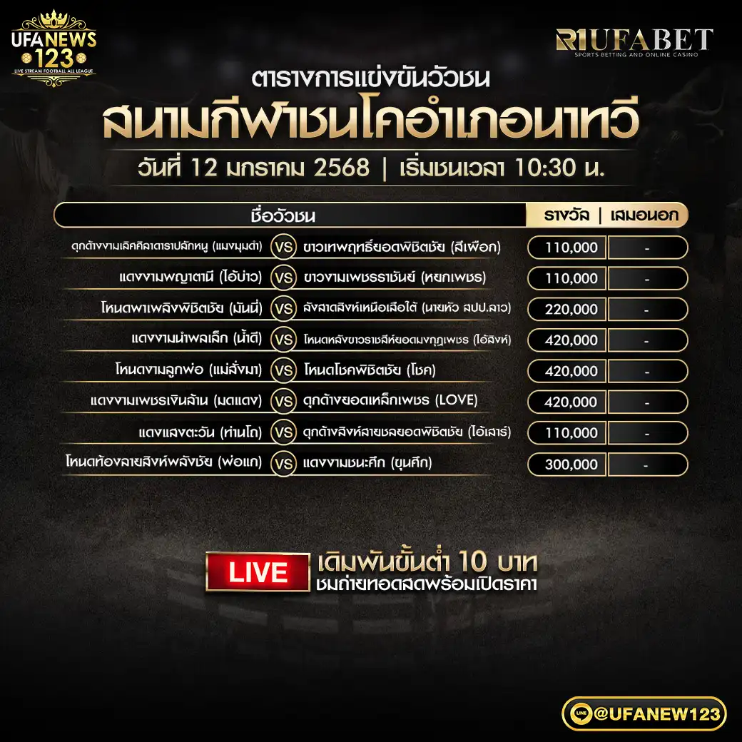 โปรแกรมวัวชน สนามชนโคอำเภอนาทวี เริ่มเวลา 10.30 น. 12 มกราคม 2568