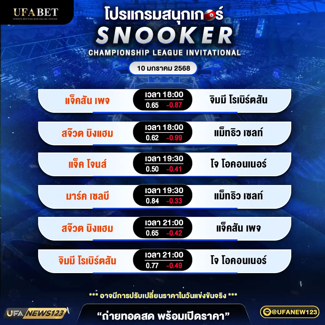 โปรแกรมสนุกเกอร์ CHAMPIONSHIP LEAGUE INVITATIONAL เวลา 18.00 น. 10 มกราคม 2568