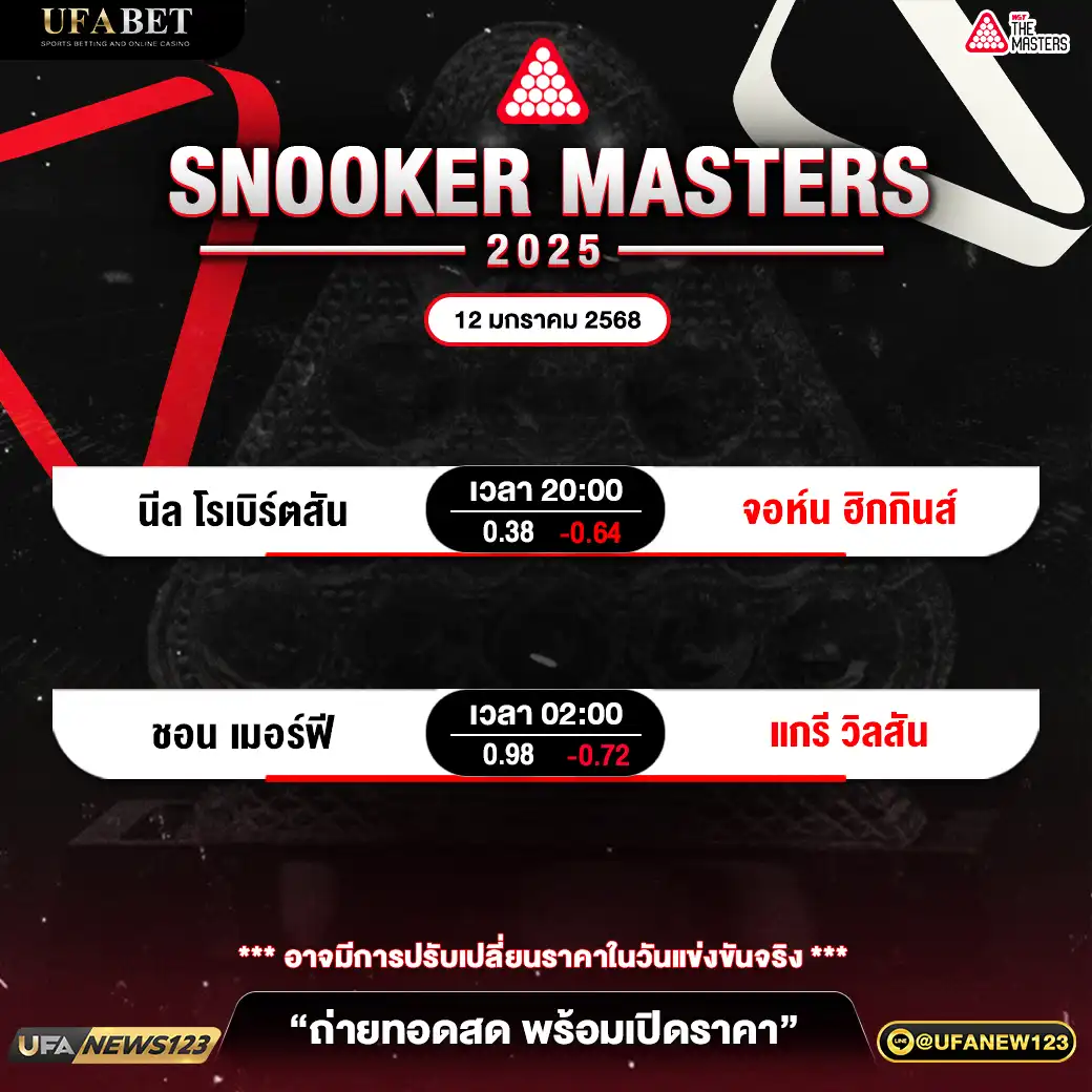 โปรแกรมสนุกเกอร์ SNOOKER MASTERS 2025 เริ่มเวลา 20.00 น. 12 มกราคม 2568