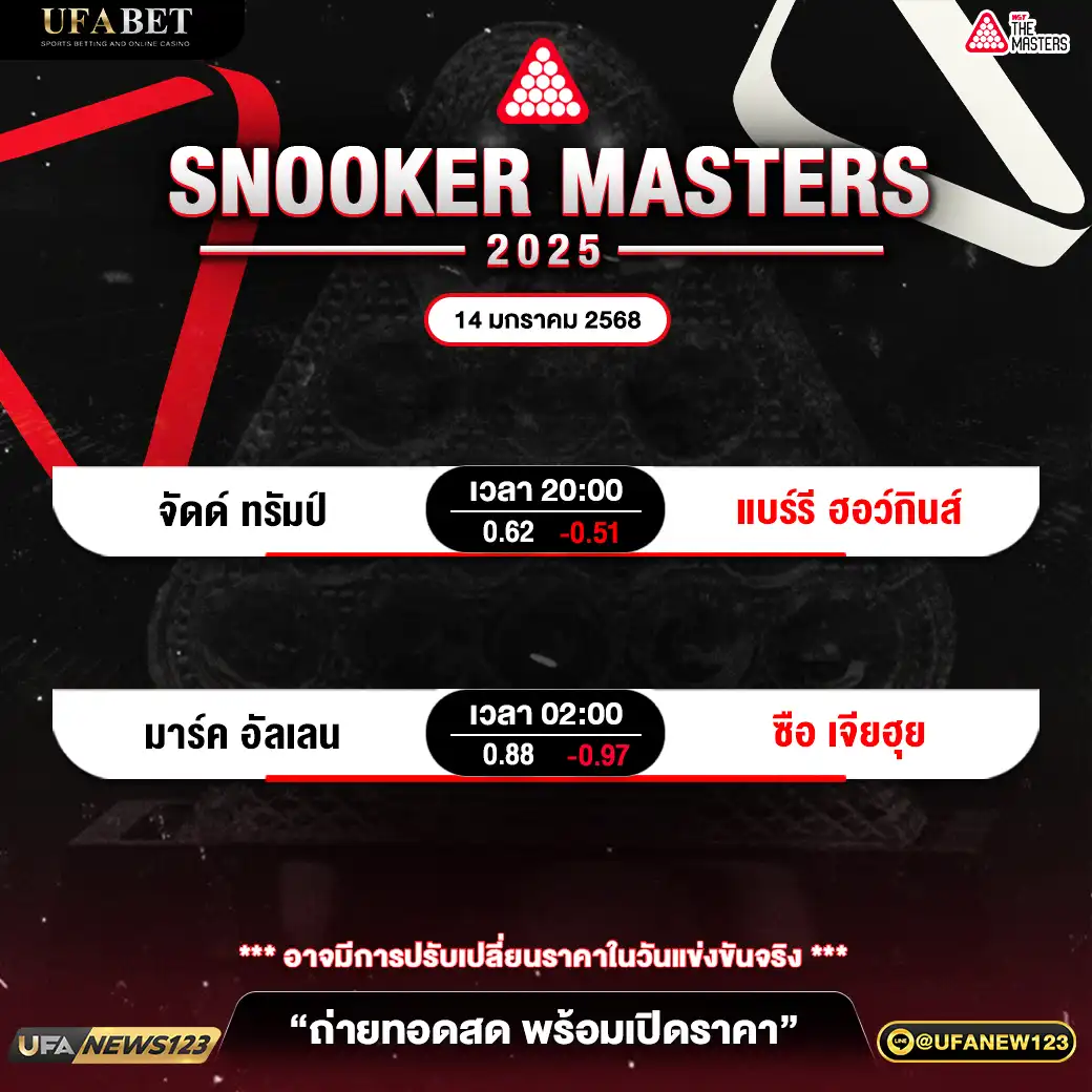 โปรแกรมสนุกเกอร์ SNOOKER MASTERS 2025 เริ่มเวลา 20:00 น. 14 มกราคม 2568