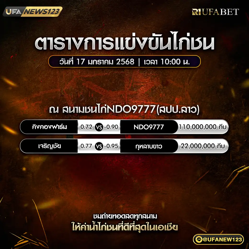 โปรแกรมไก่ชน สนามชนไก่NDO9777 (สปป.ลาว) 17 มกราคม 2568