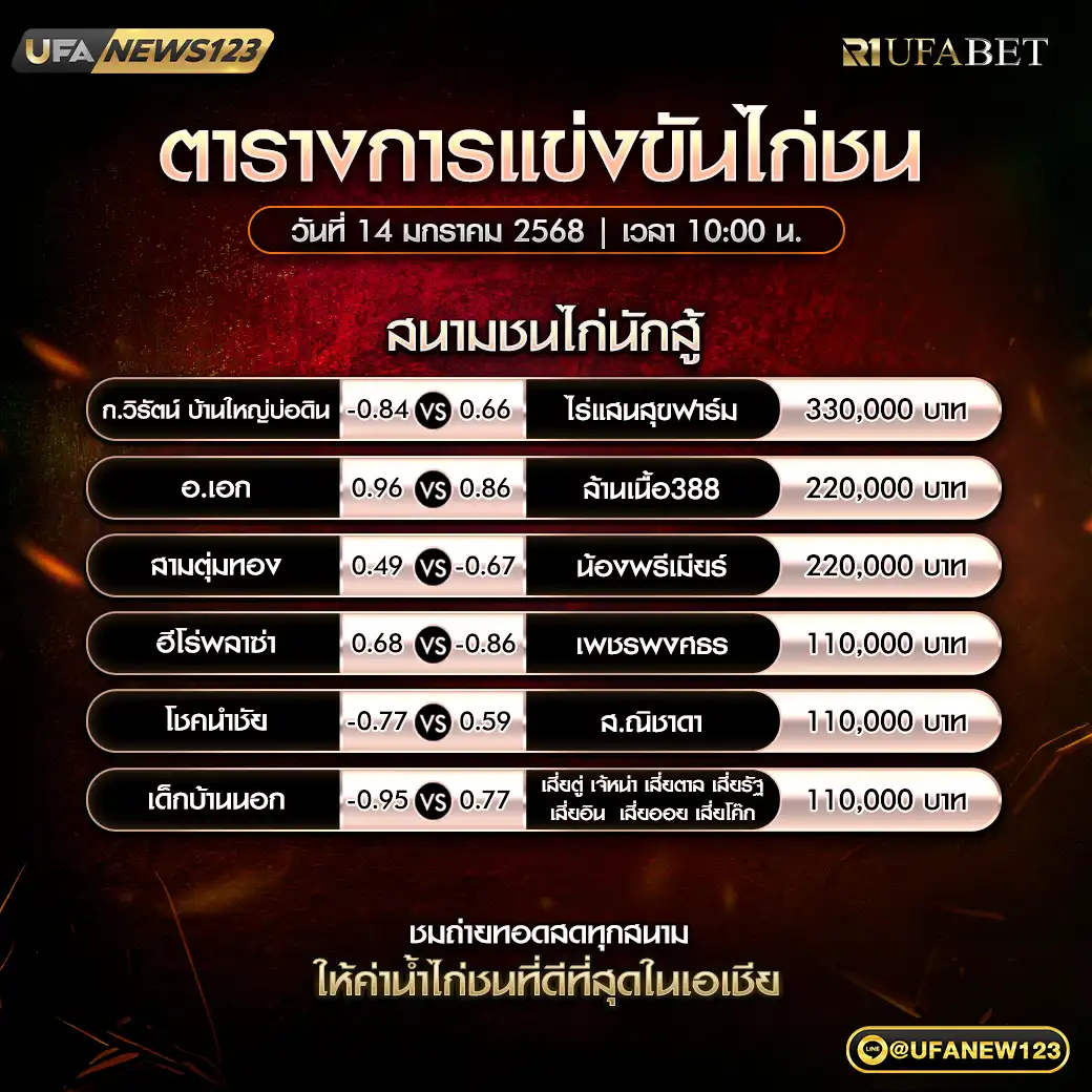 โปรแกรมไก่ชน สนามชนไก่นักสู้ เริ่มเวลา 10.00 น. 14 มกราคม 2568