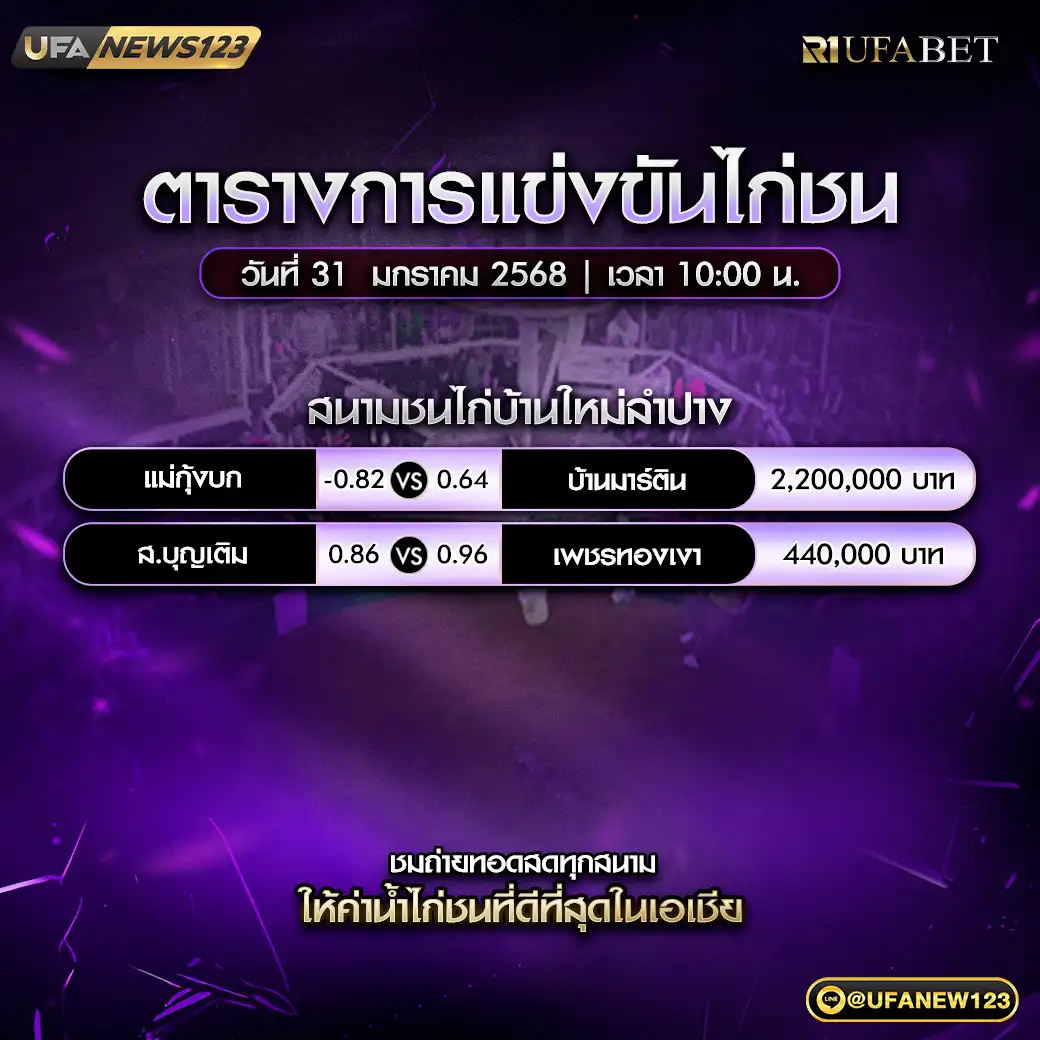 โปรแกรมไก่ชน สนามชนไก่บ้านใหม่ลำปาง เริ่มเวลา 10.00 น. 31 มกราคม 2568