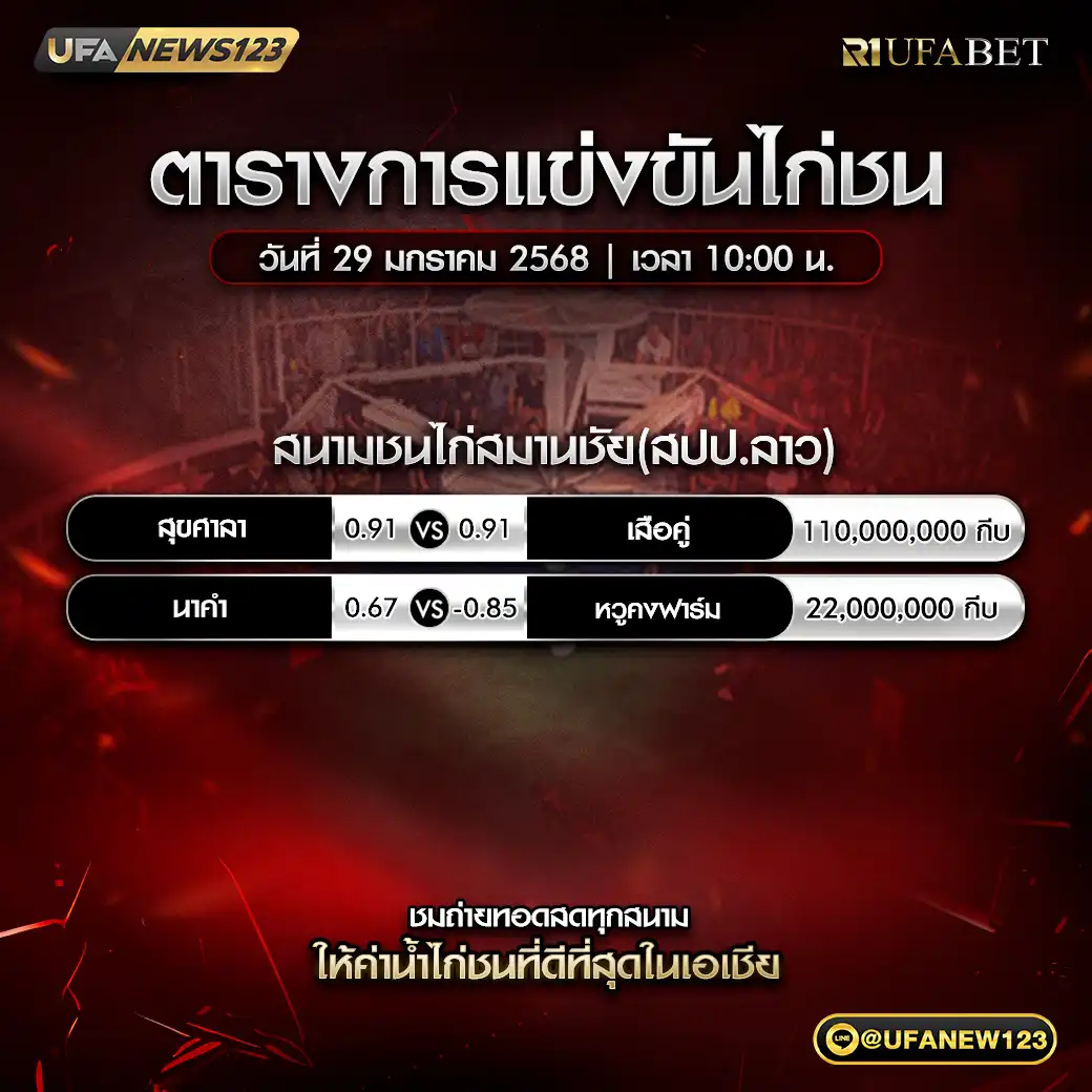 โปรแกรมไก่ชน สนามชนไก่สมานชัย(สปป.ลาว) เริ่มเวลา 10:00 น. 29 มกราคม 2568