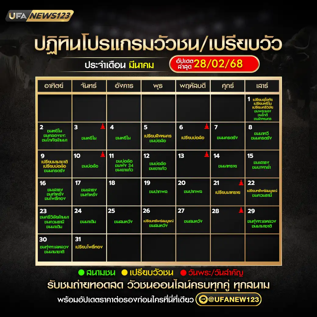 ปฏิทินวัวชน เดือน มีนาคม 2568 อัปเดต 28 กุมภาพันธ์ 2568