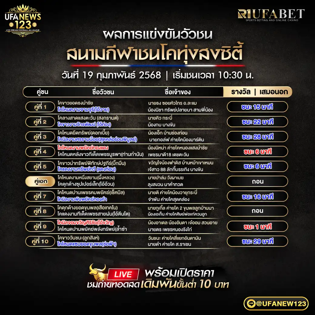 สรุปผลวัวชน สนามชนโคทุ่งสงซิตี้ 19 กุมภาพันธ์ 2568