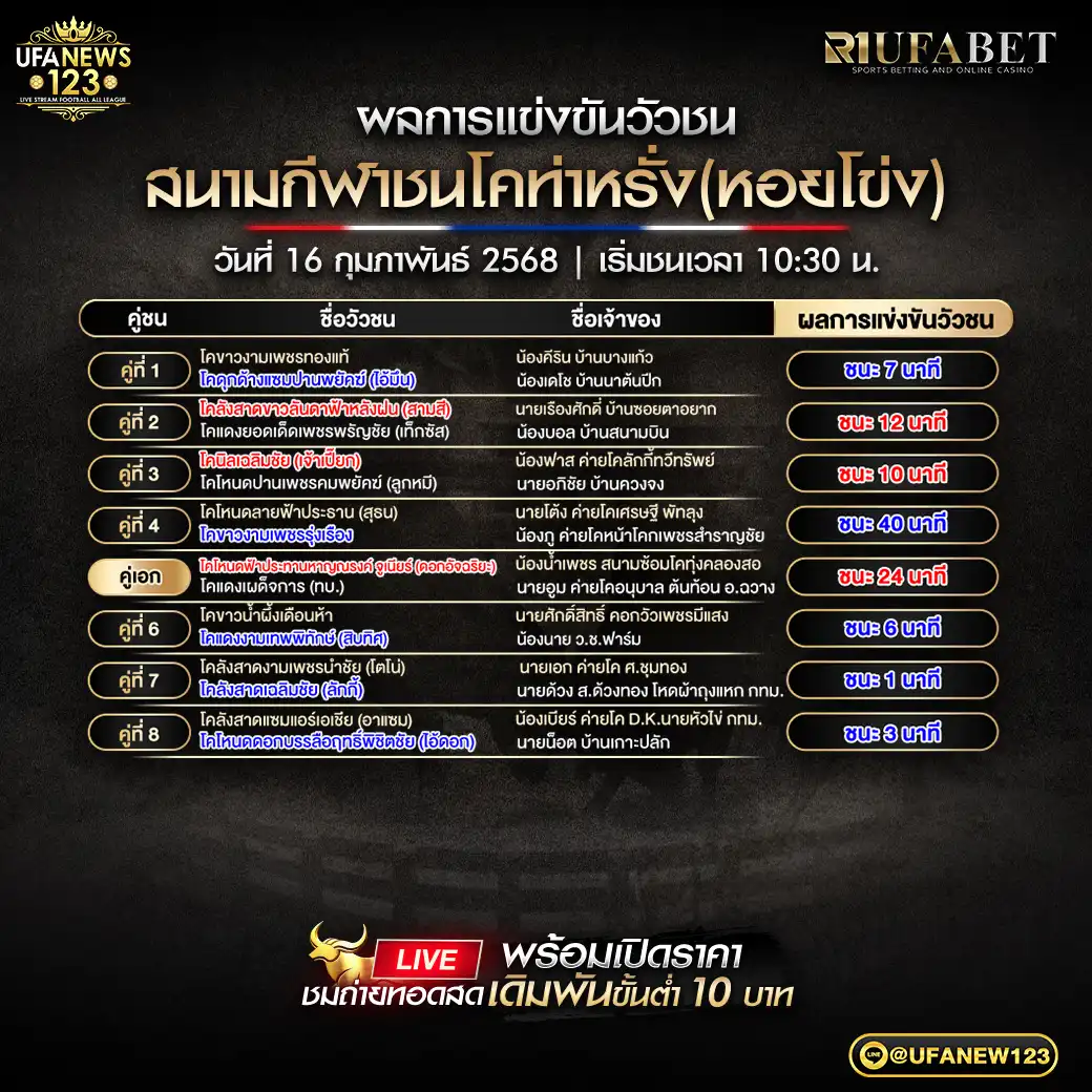 สรุปผลวัวชน สนามกีฬาชนโคท่าหรั่ง (หอยโข่ง) 16 กุมภาพันธ์ 2568