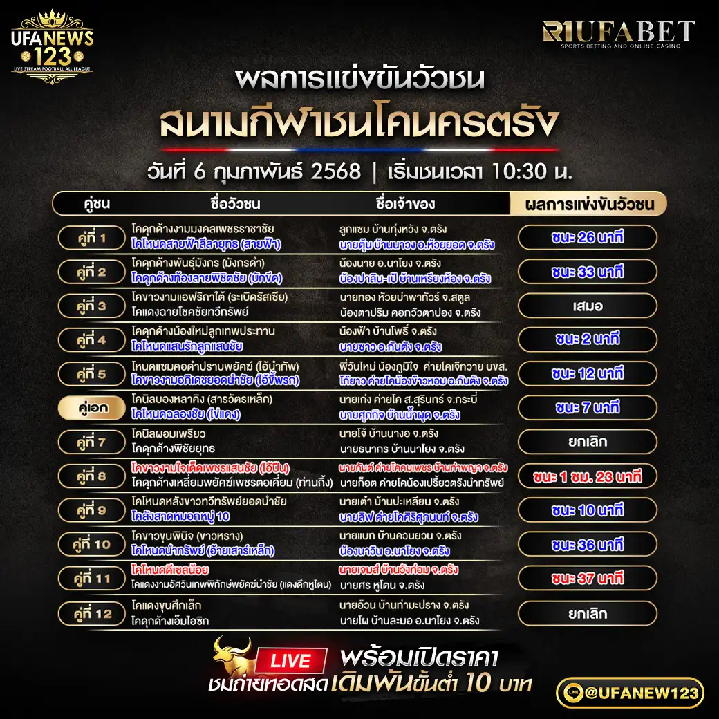 สรุปผลวัวชน สนามชนโคนครตรัง 06 กุมภาพันธ์ 2568