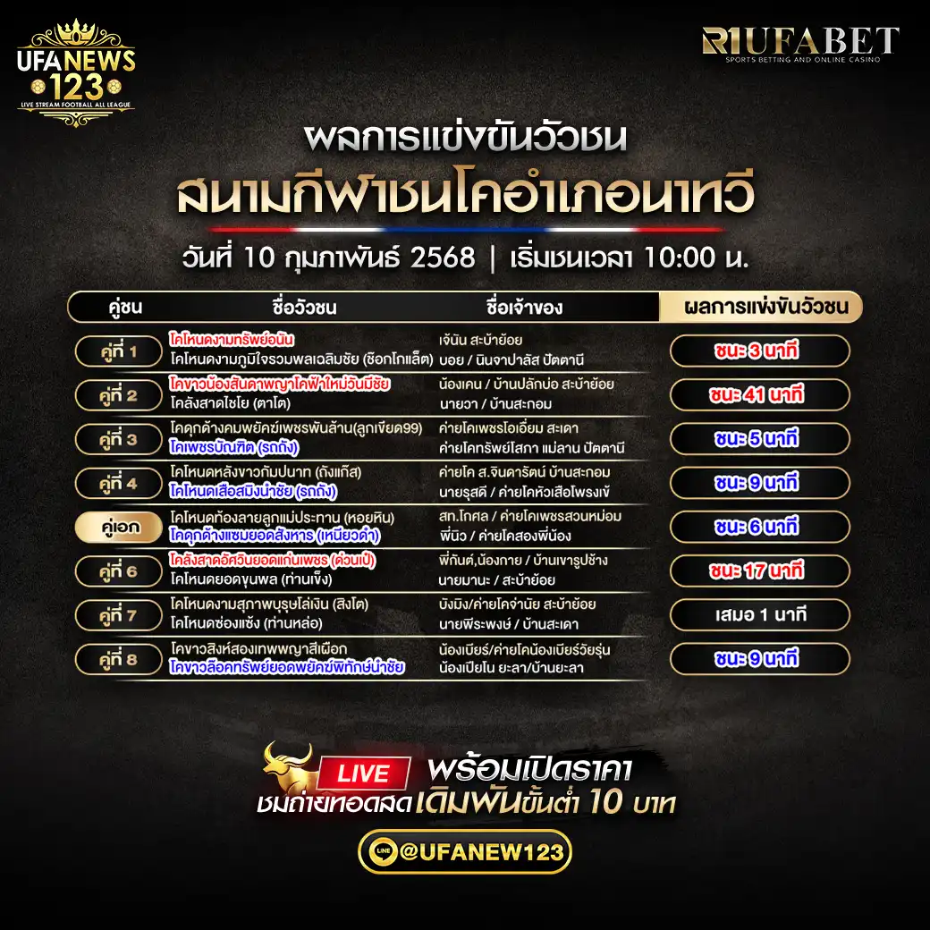 สรุปผลวัวชน สนามกีฬาชนโคอำเภอนาทวี 10 กุมภาพันธ์ 2568