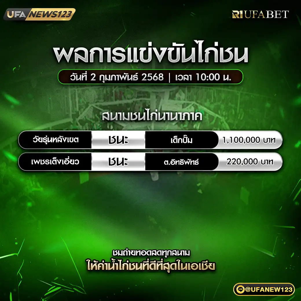 สรุปผลไก่ชน สนามชนไก่นานาภาค 02 กุมภาพันธ์ 2568