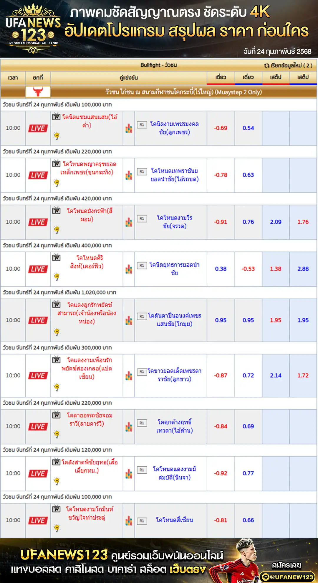 ราคาวัวชน สนามชนโคกระบี่ เริ่มชนเวลา 11:00 น. 24 กุมภาพันธ์ 2568