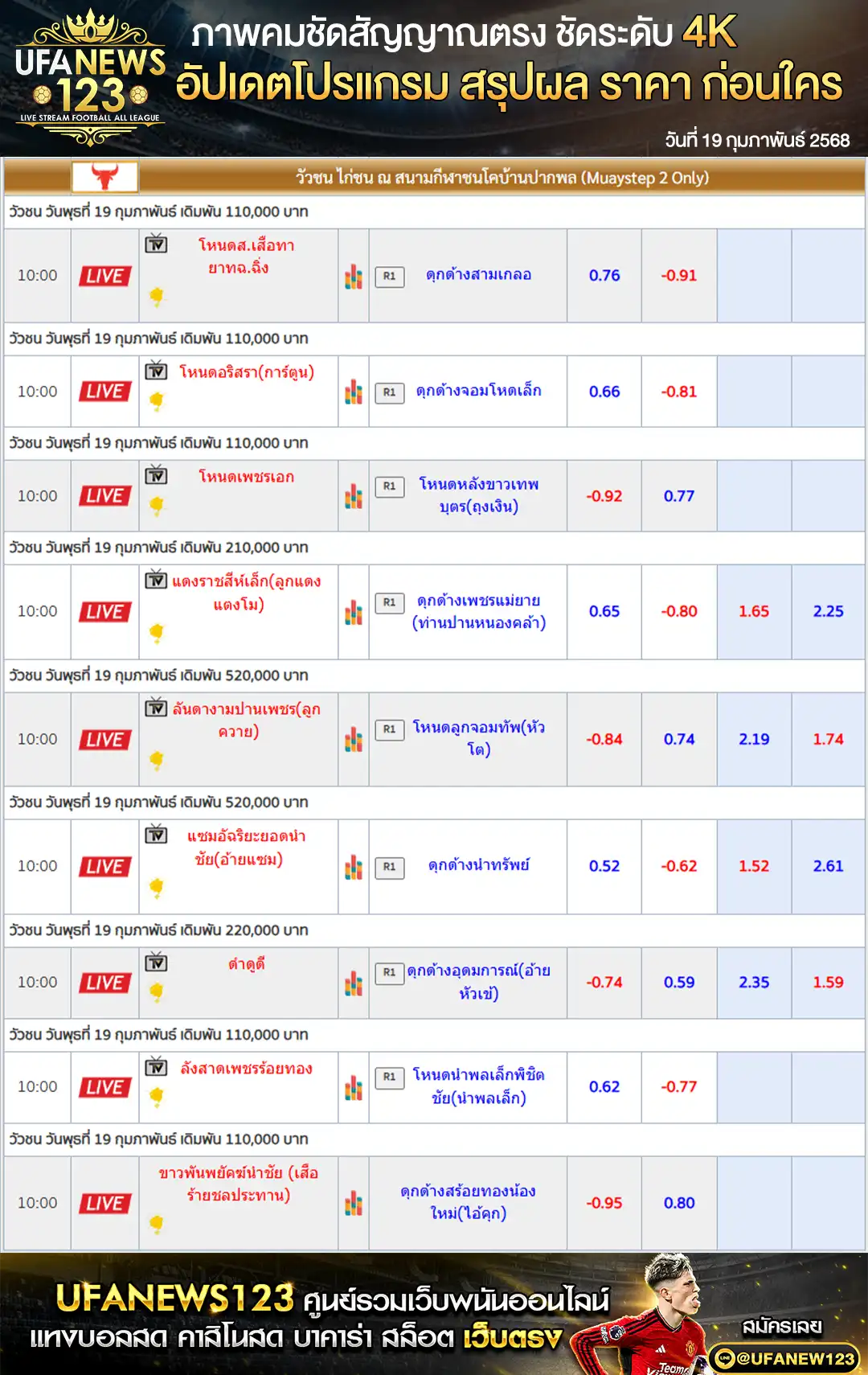 ราคาวัวชน สนามชนโคบ้านปากพล เริ่มชนเวลา 10.00 น. 19 กุมภาพันธ์ 2568