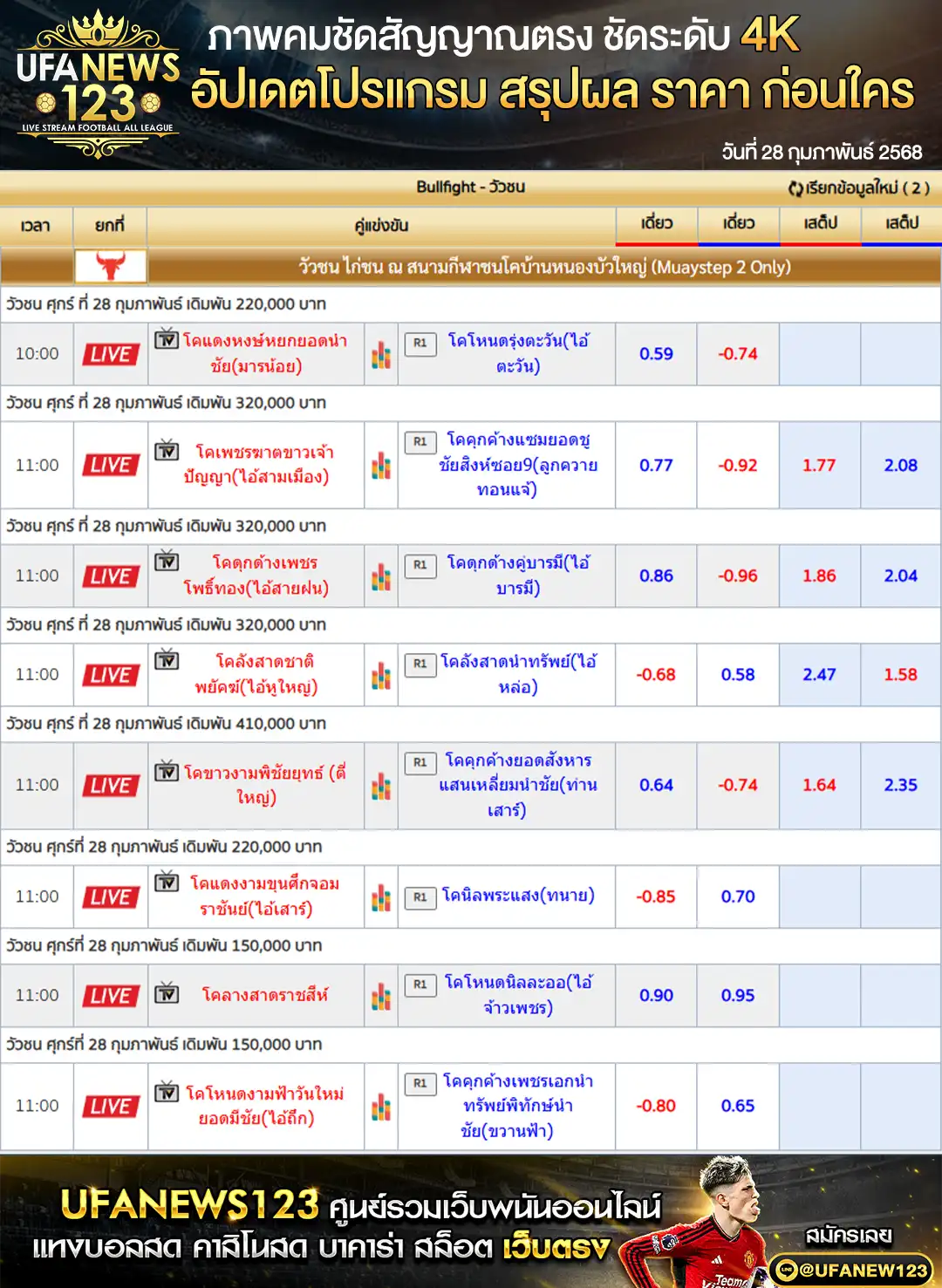 ราคาวัวชน สนามชนโคบ้านหนองบัวใหญ่ เริ่มชนเวลา 11.00 น. 28 กุมภาพันธ์ 2568